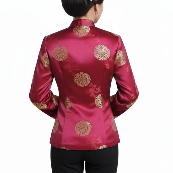Chinese Tang Cheongsam Magenta Gold Jacket Frog Buttons Mandarin Collar Sz M - Picture 3 of 15